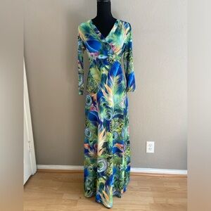 Womens Lightweight Summer Empire Waist Tropical Print, Long Sleeve Maxi Dress